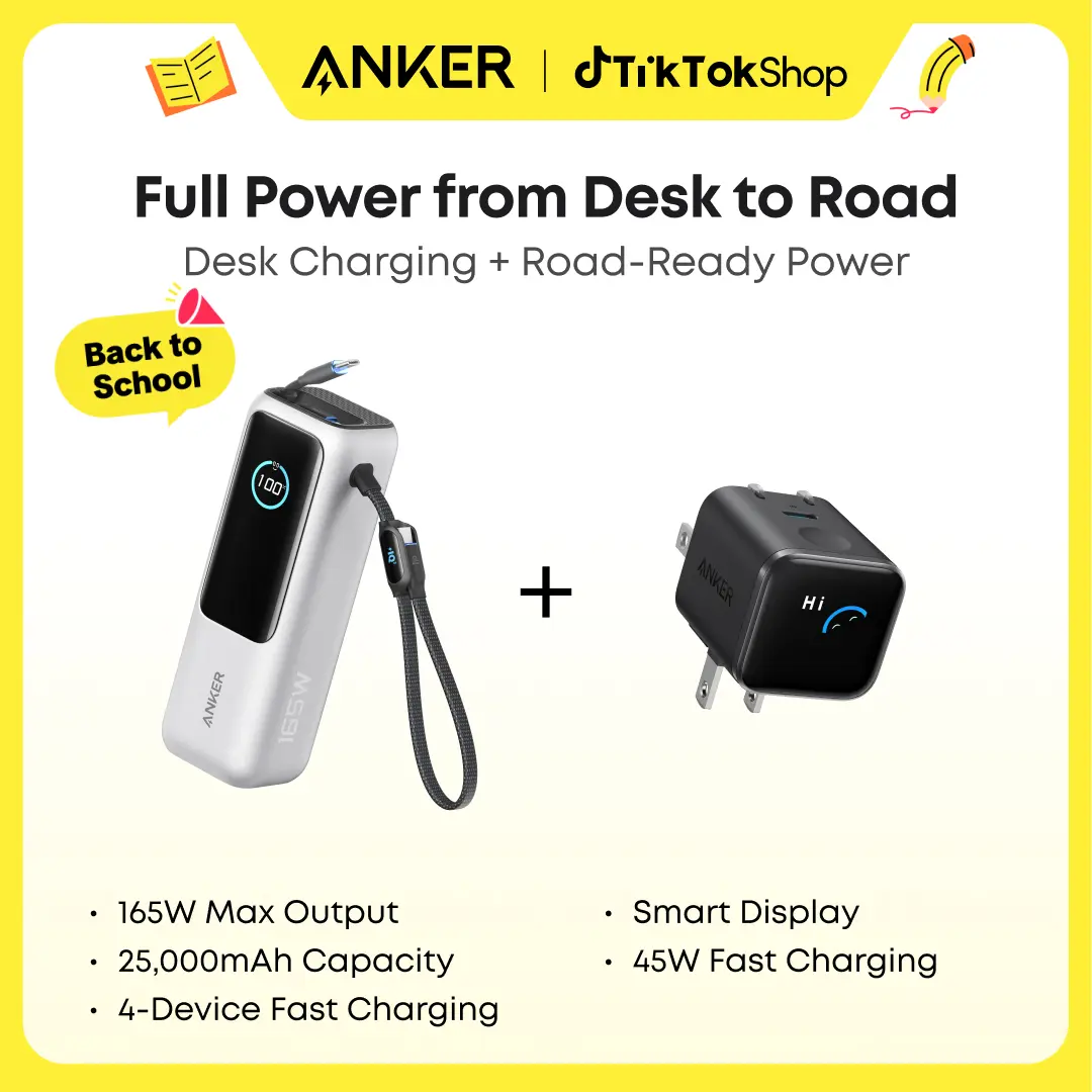 Anker Smart Display Charger, USBC Charger with Smart Recognition, Built-In Care Mode, Compact with 180° Foldable Plug + Anker Portable Laptop Power Bank with Built-In Cables, 25,000mAh High-Capacity Battery, Fast Charging for 4 Devices sohochic