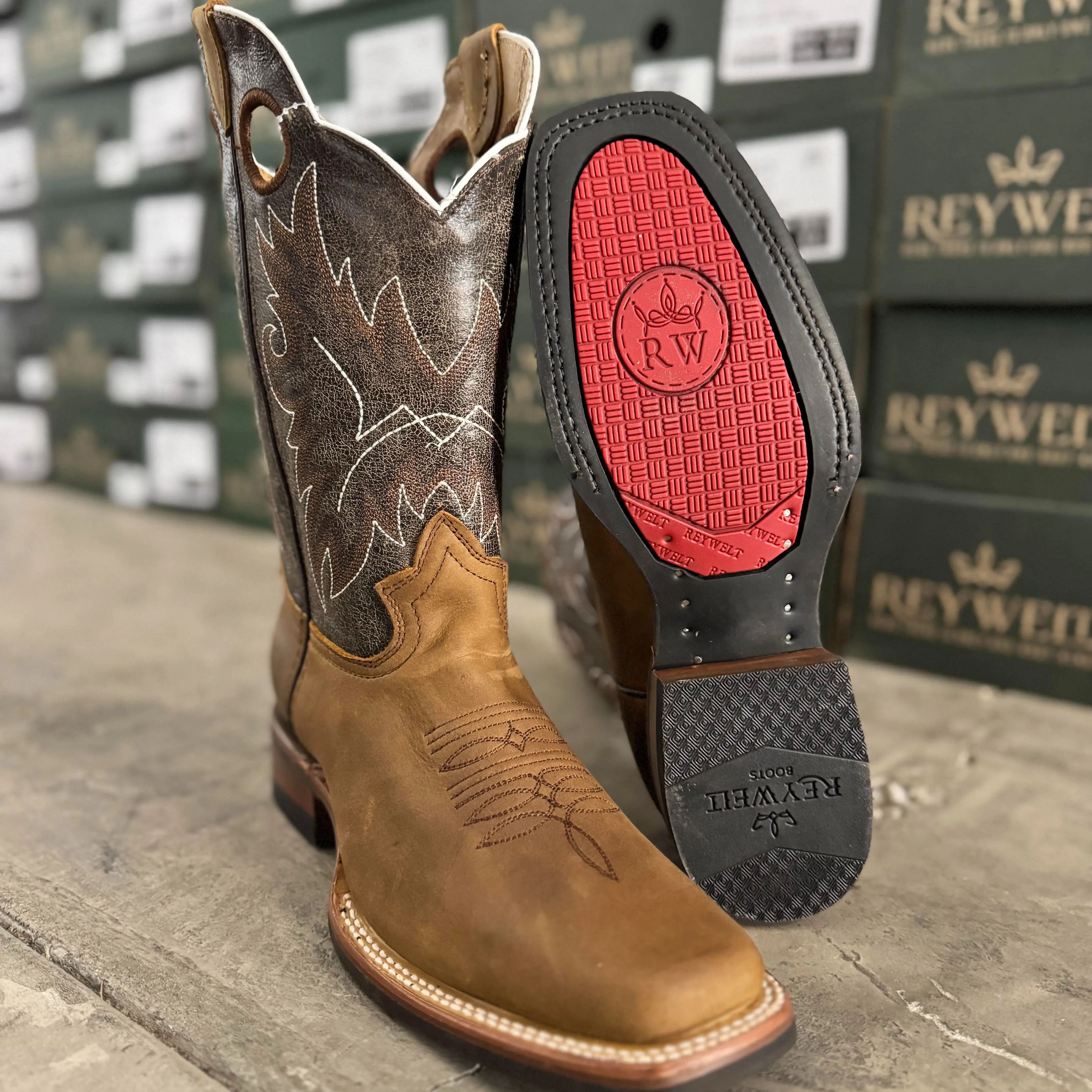 Reywelt Men\'s Brown Embroidered Western Boots - Classic Leather Cowboy Style 250-H Tan Crack Mens Reywelt Western Style Boots Square Toe  main image 2