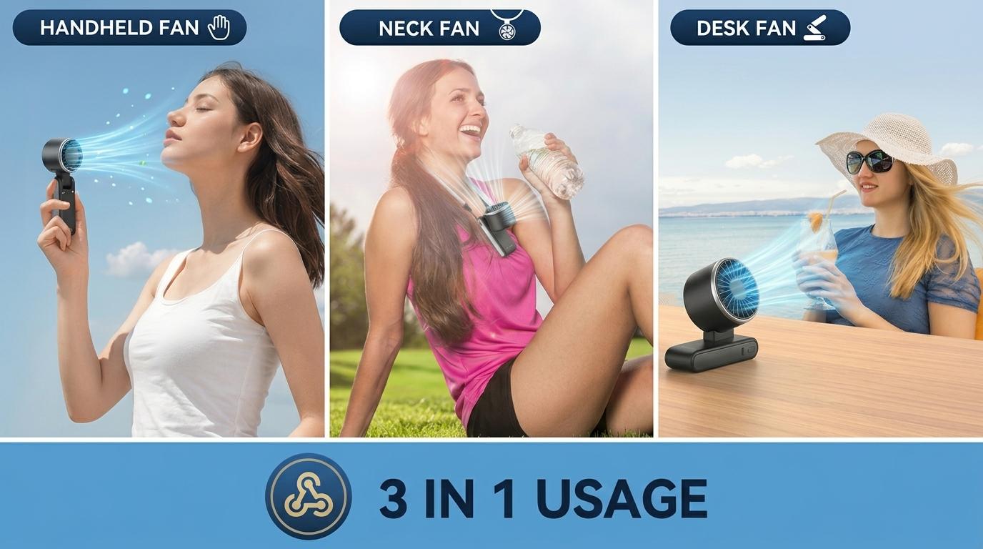 Westdeer Portable Handheld Turbine Fan,3-in-1 rechargeable handheld fan,  5-speed settings, powered by a 4000mAh battery with up to 10 hours of runtime, featuring air turbine technology perfect for outdoor activities, travel, work, and a summer essential