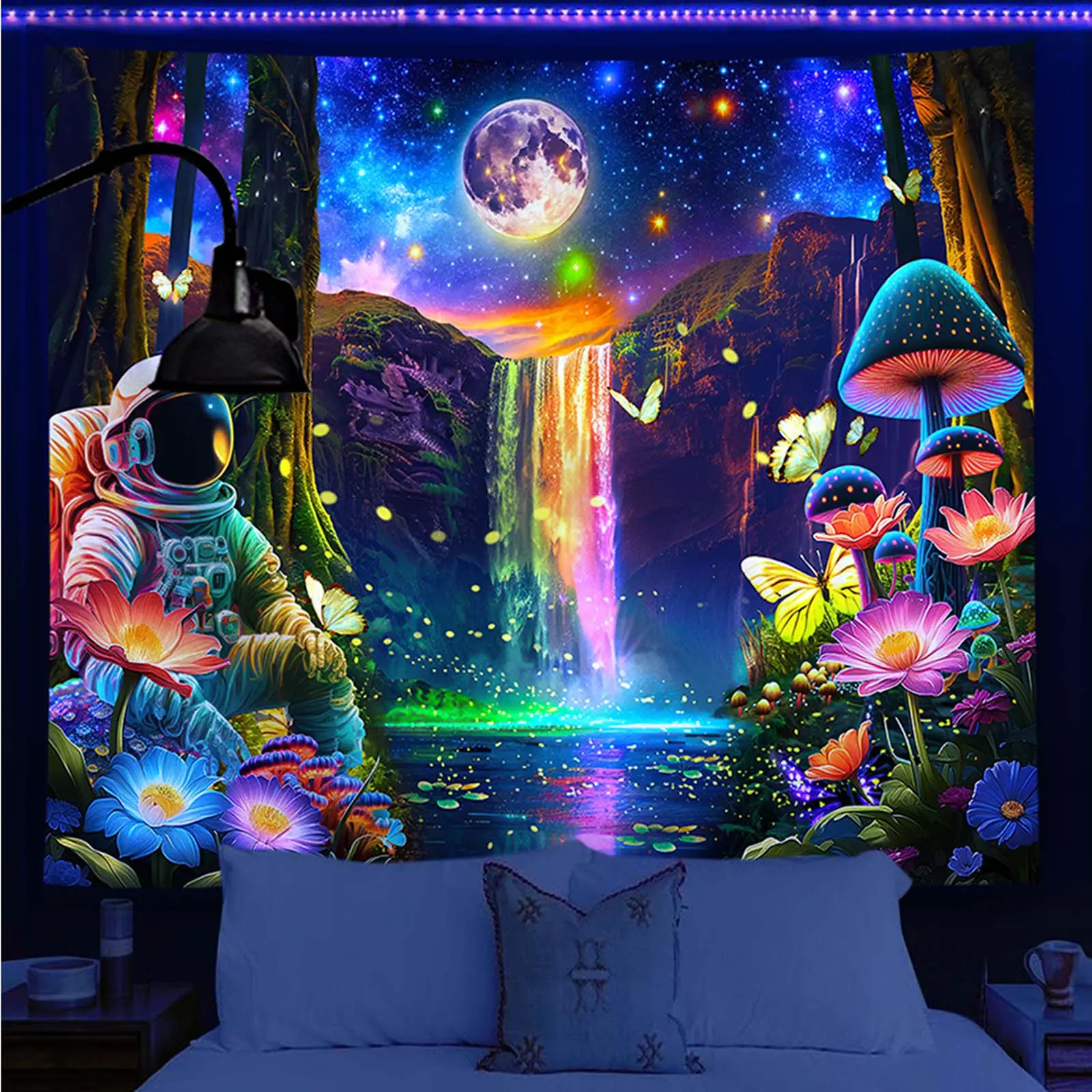1pc Neon Knit UV Black Light Glow in the Dark Tapestry - 51inchx59inch Multi-Size Watercolour Galaxy, Astronaut, Waterfall, Butterfly Print, Fluorescent Wall Hanging Curtain, Home Decor for Room, Dorm, Party Decor, Father's Day Gift
