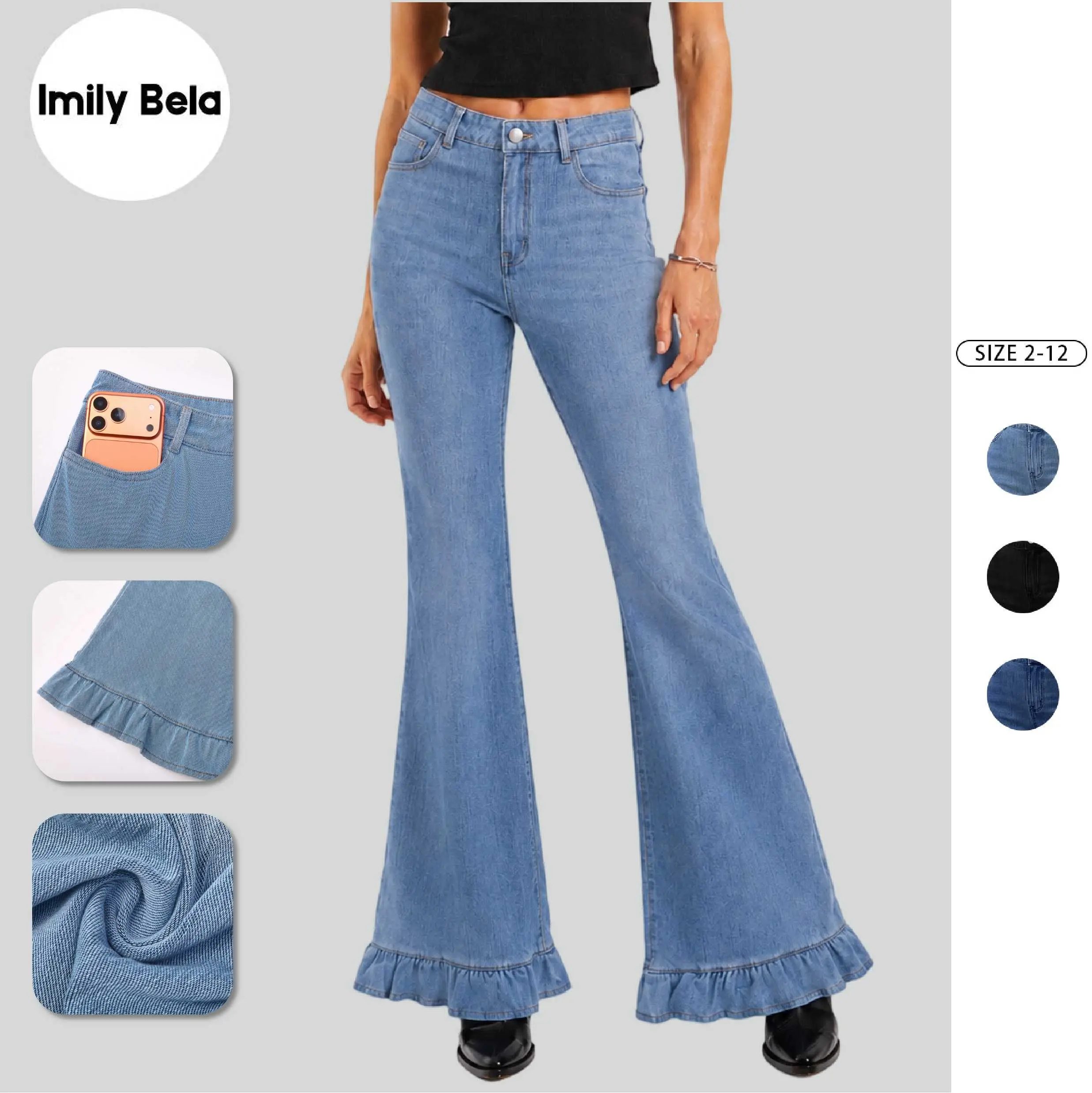 Imily Bela Women’s High Waisted Flare Jeans with Ruffle Hem, Vintage Washed Blue Denim Pants, Trendy Y2K Bell Bottom Wide Leg Jeans with Pockets for Casual Streetwear