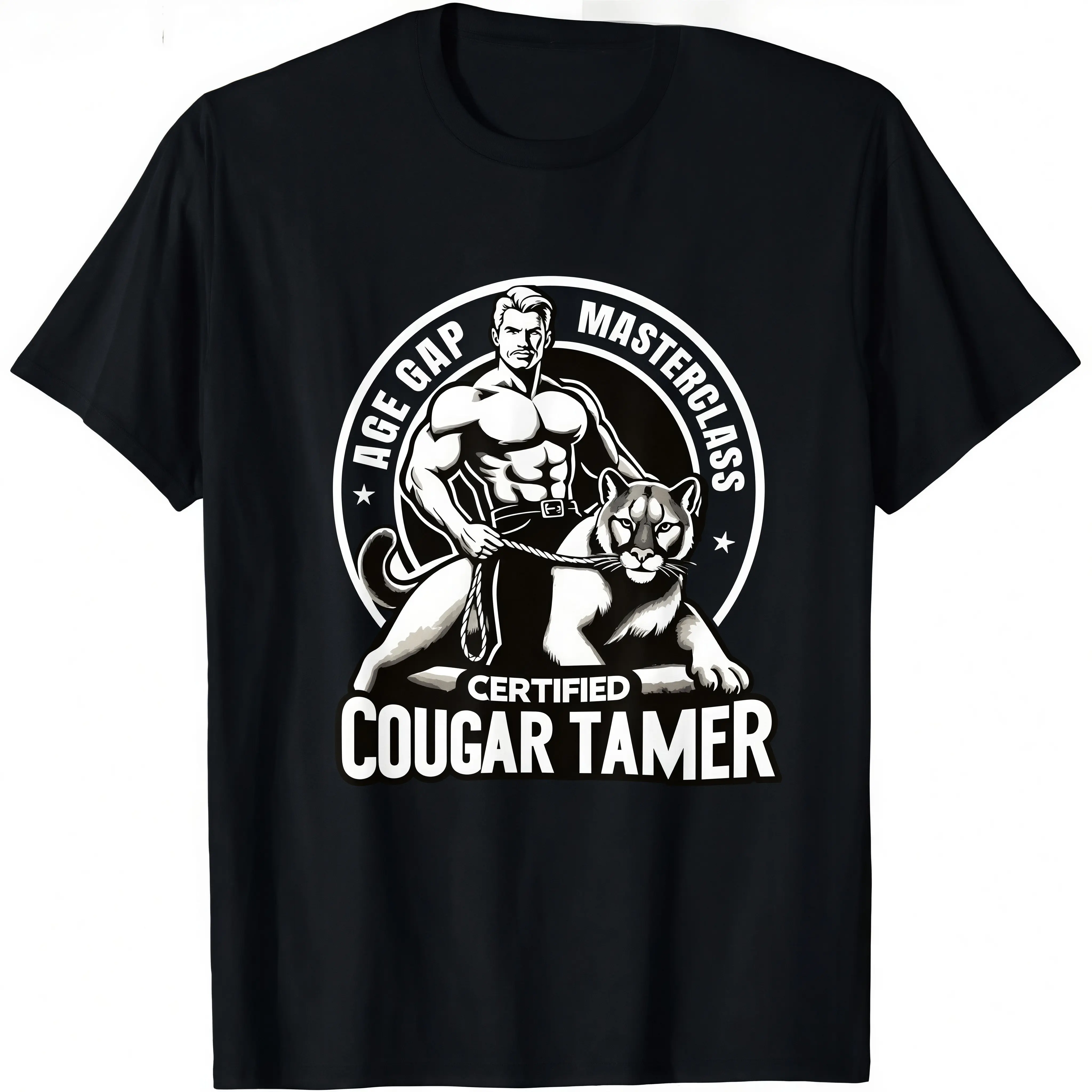 Men's Classic Graphic T-Shirt - Funny "Certified Cougar Tamer" Gag Gift Tee, Minimalist Short Sleeve Top in Soft Breathable 100% Cotton, Shortsleeve, Fabric, Round Neck, Menswear, Tops, Casual