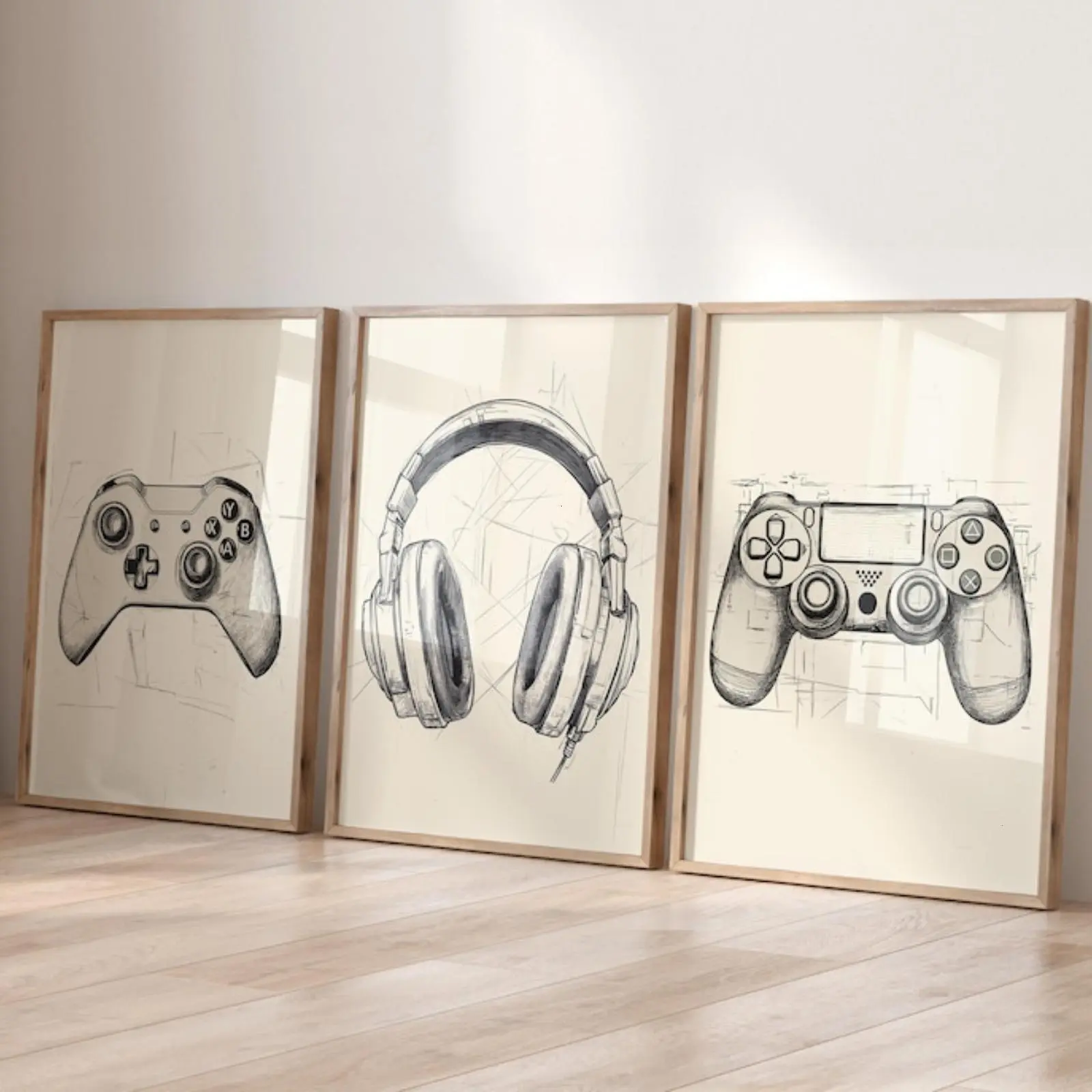 Set 3 Blueprint Gaming Wall Art Prints, Set of 3 Sketched Gaming Prints, Gamer Wall Art, Gaming Gift for Room Gamer Decor, Video Game Art No Frame