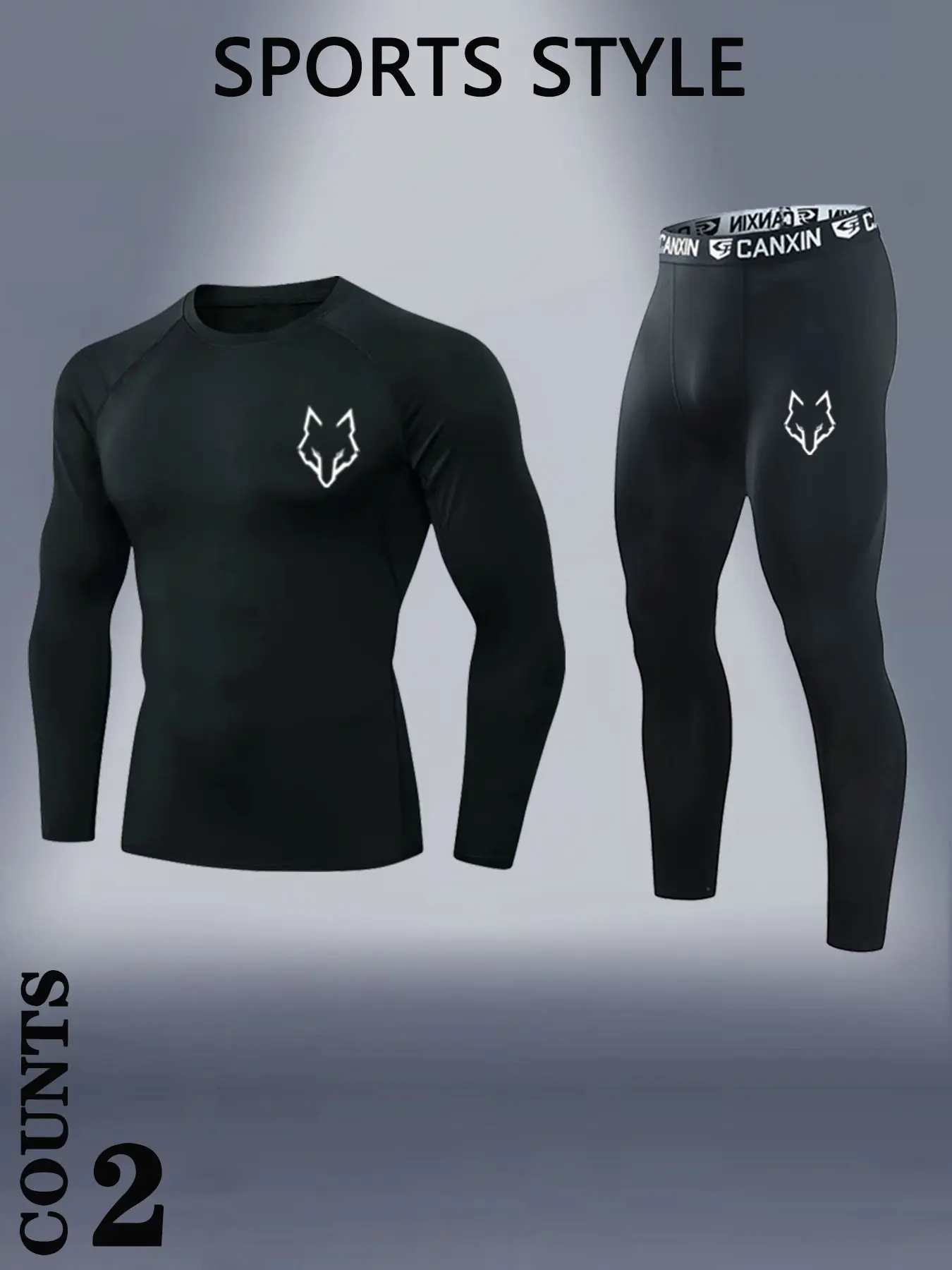 Men's Two-Piece Compression Set, Wolf Logo Sports Base Layer, Long Sleeve Top and Pants, Breathable Elastic Fabric, Gym Running Cycling Training, Compression Tops, Sports Leggings, Sports Wear