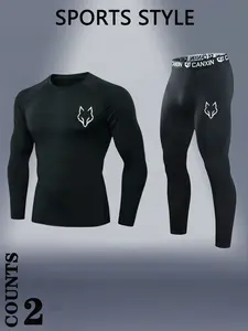 Men's Two-Piece Compression Set, Wolf Logo Sports Base Layer, Long Sleeve Top and Pants, Breathable Elastic Fabric, Gym Running Cycling Training, Compression Tops, Sports Leggings