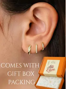 3PCS Gold-Tone Hoop Earrings Set | Twisted & CZ Paved Minimalist Huggie Hoops | Daily Wear | Trendy Jewelry