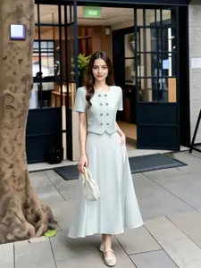 Summer Two-Piece Set, Elegant V-Neck Short Sleeve Top & Long Pleated Skirt, Slimming Fashion, Women's Casual Wear