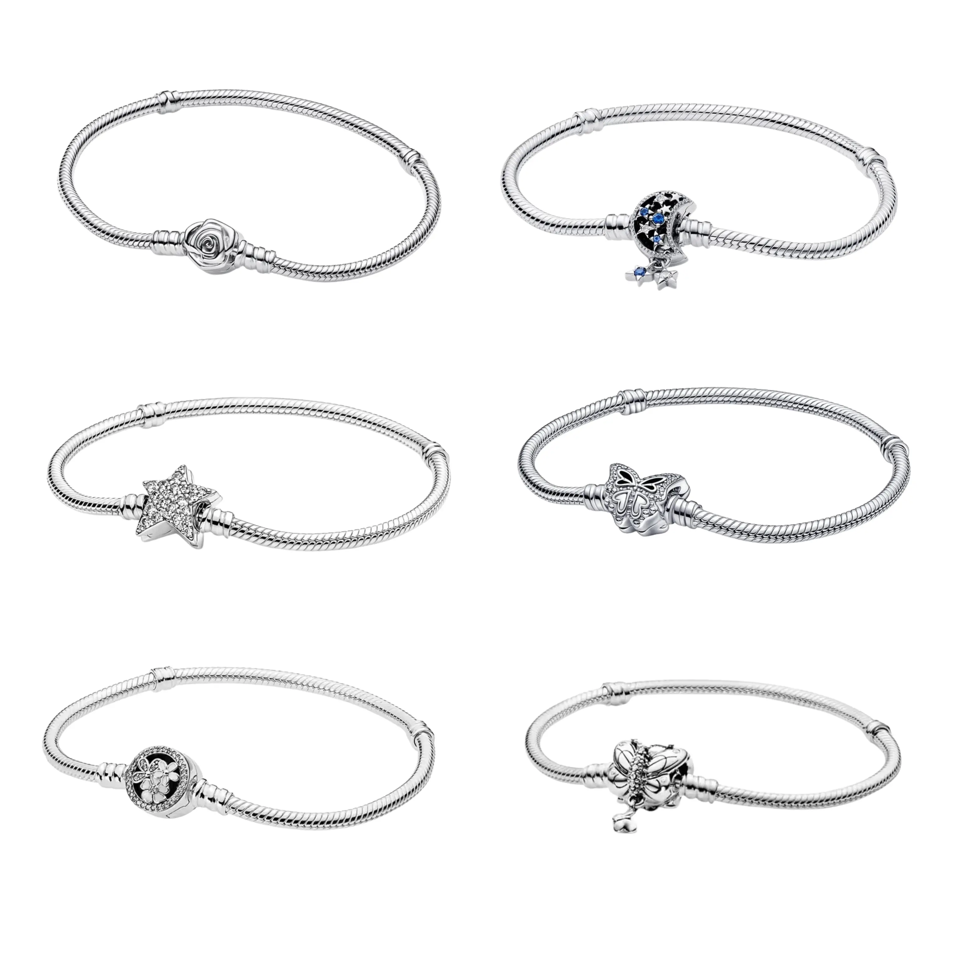 925 Sterling Silver Charm Bracelet for Women – Rose, Moon, Star, Butterfly & Floral Designs