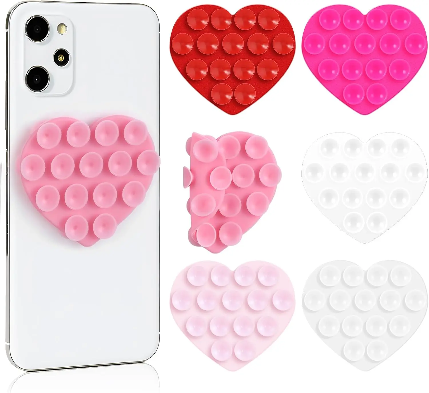 6 Pcs Pink Series Silicone Heart Suction Phone Holders - Double-Sided Sticky Mount Accessories, Stand for Smartphones, Mirrors, Glass, Vehicle Room Accessories