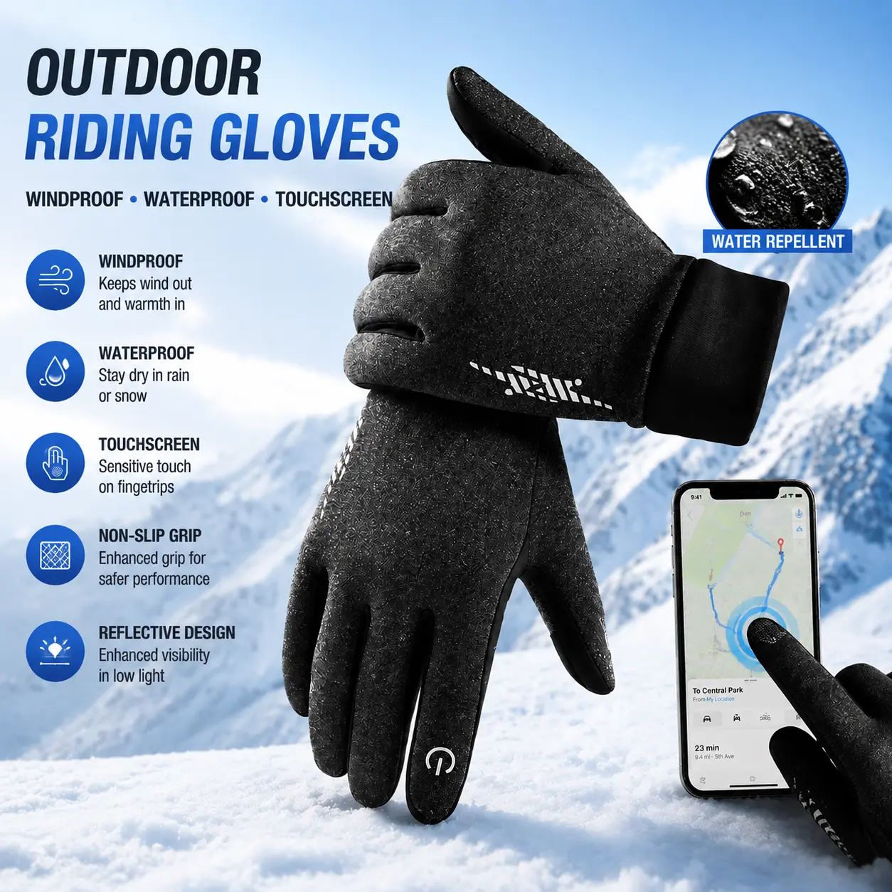 Unisex Touchscreen Winter Gloves, Windproof Waterproof Cycling Gloves with Non-Slip Grip, Thermal Outdoor Gloves for Skiing, Running, Hiking & Sports