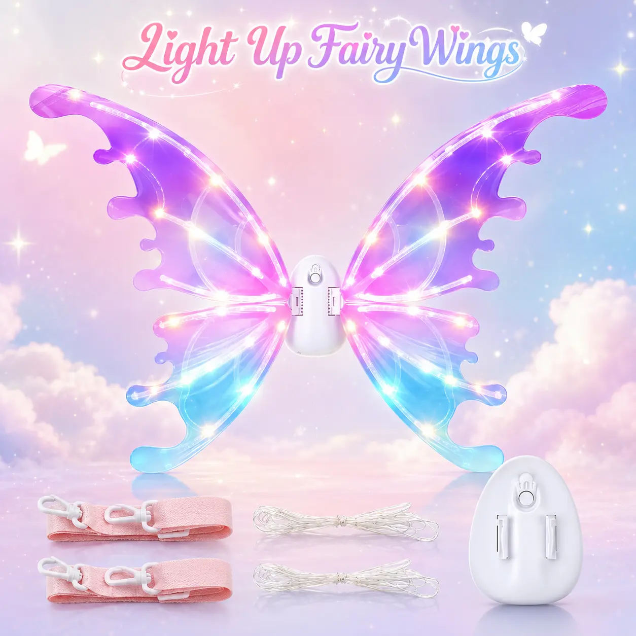 Light Up Fairy Wings for Girls Ages 3+, LED Butterfly Wings with Music and Moving Wings, Princess Costume Dress Up Toy for Halloween Birthday Christmas Party, Gift for Kids
