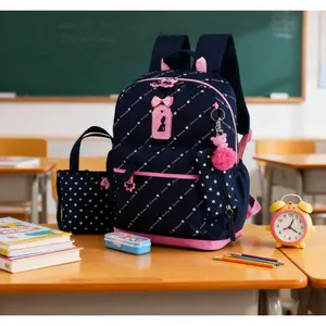 Girls Heart Printing Backpack Set – 3Pcs Bowknot Design, Primary School & Daily Shoulder Bag