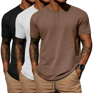 3 Pack Men's Waffle Henley Shirts, Short Sleeve Tees Cotton Summer Casual T-Shirts Knitted Pullover Tops 2025