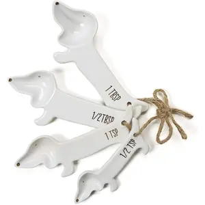 White Dachshund Ceramic Measuring Spoon Set - Set of 4 Weiner Dog Themed Kitchen Baking Tools - Perfect Gift for Dog Lovers