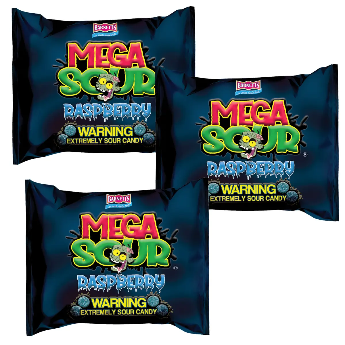 Barnetts Mega Sour Candy Raspberry (Pack of 3) - Trendy Sweet Bags - Traditionally Handmade Sweets - Sour Coating Lasts 20 Seconds - Candies for Party Bag, Gift Hamper, or Hamper Box