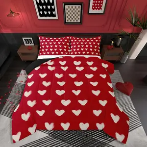 Red White Comforter Set,Cute Heart Pattern Bedding Valentine Day Gift Quilt Cartoon Love Geometric Duvet Insert,Love Heart Soft Warm Bedding Sets