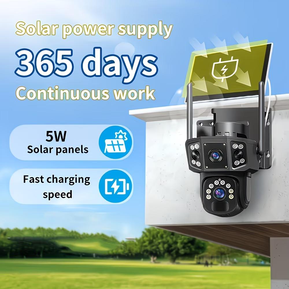 Solar-Powered Wireless Outdoor Security Camera with 4K HD Dual Lens, PIR Motion Sensor, Color Night Vision, Two-Way Audio, 355° Pan-Tilt, Battery & Solar Panel, Built-in, 64GB Storage Card – Wireless CCTV System Suitable for /Office/Driveway/Parking