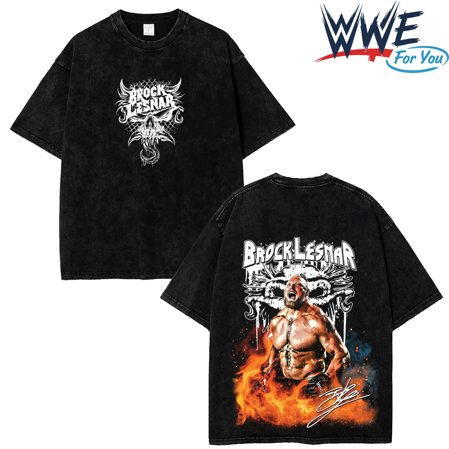 WFU - 2026 -Brock Lesnar Washed Black T-Shirt WWE Beast Incarnate Graphic Tee Vintage Acid Wash Oversized Unisex Mens Streetwear 100% Cotton Crewneck Size S-5XL Fabric fan
