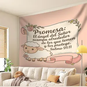 1PC,2D Flat Christian Scripture Cartoon Lamb Tapestry, Spanish Salmo 91:11 Bible Verse Decorative Background Cloth, Pink Warm Wall Decor Hanging for Bedroom & Living Room