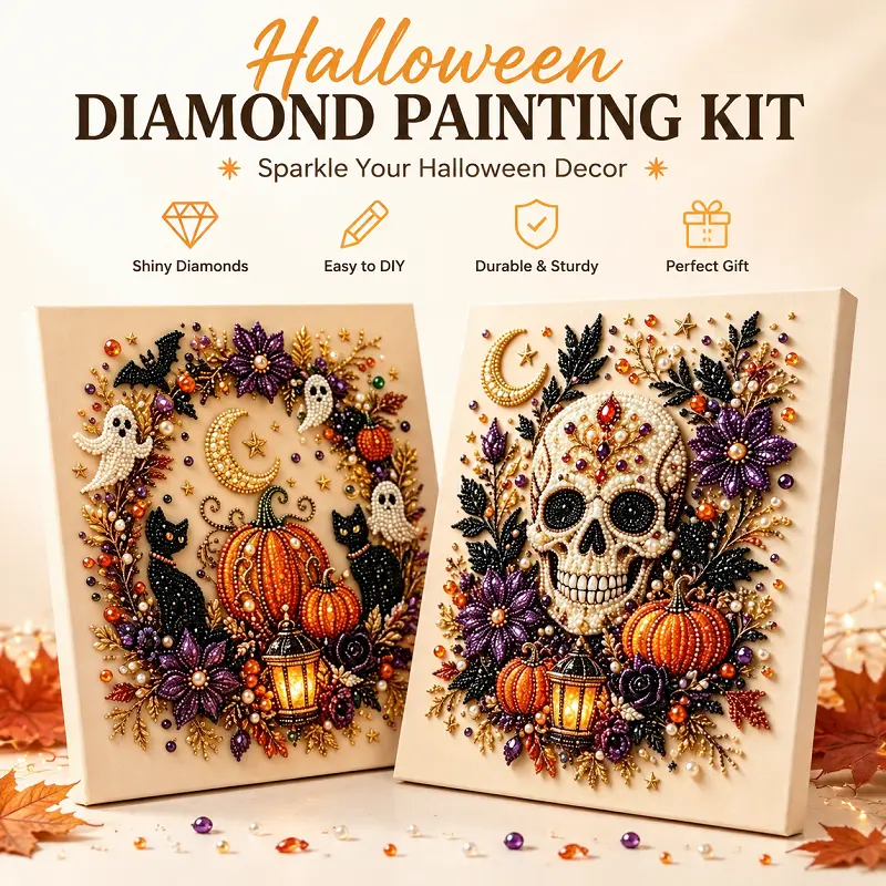 2PCS Halloween Diamond Painting Kit for Adults - DIY Diamond Art Crafting Kit with Resin Stones, Pumpkin, Ghost, Witch, Skull Designs, Home Wall Decor Holiday Gift