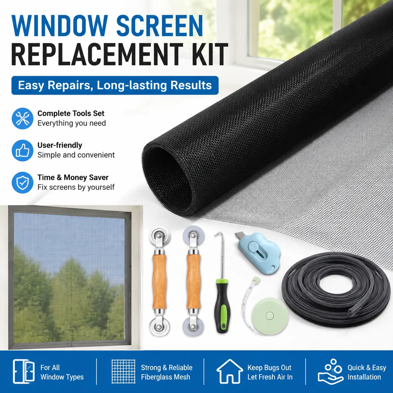 7-Piece Easy Window Kit, Complete Screen Repair Tool Set, 48x118 in Black Fiberglass Mesh, 5-in-1 DIY Replacement Kit with Ruler, Rolling Tool, Cutter, Hook, Sealing Strips for Doors