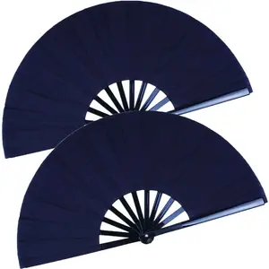 2 Pack Large Folding Hand Fan, Black Chinese Kung Fu Tai  Fan Nylon-Cloth Fan For Men And Women Performance, Dance, Decorations, Festival,  (Folding fan black 2p)