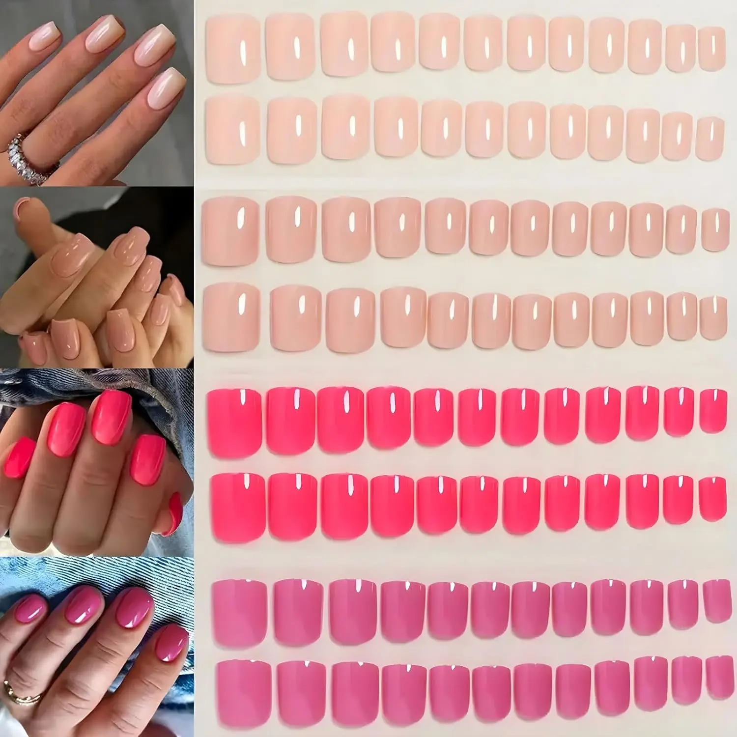 Nails Short Square, 96Pcs Fake Nails, Mixed Pink Nude Gel Solid