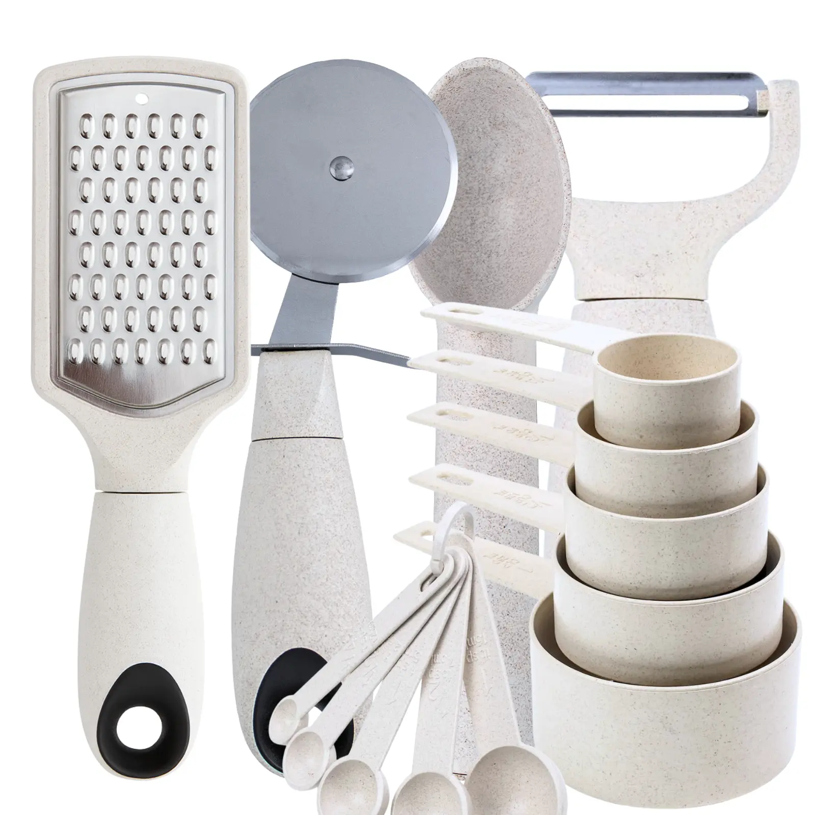 Beille 14pc Cream Wheat Straw Kitchenware Set - Pizza Cutter, Ice Cream Scoop, Cheese Grater, Peeler, 10pc Measuring Cups, Hanging Design