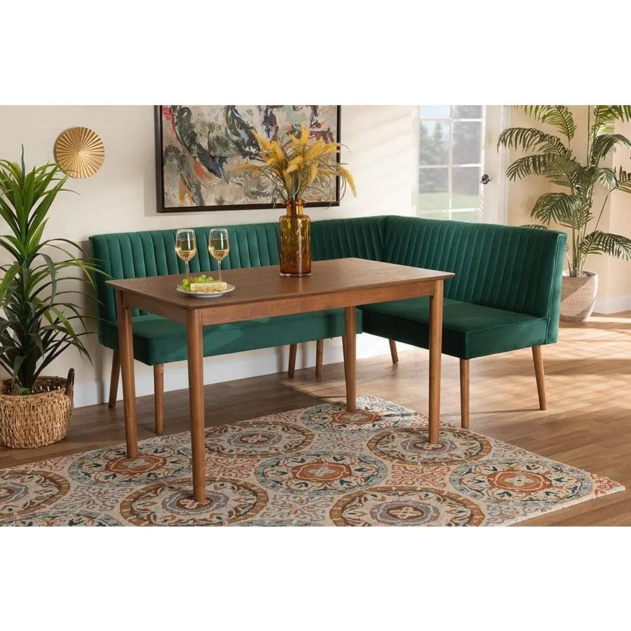 Alvis Mid-Century Modern Emerald Green Velvet Upholstered and Walnut Brown Finished Wood 3-Piece Dining Nook Set