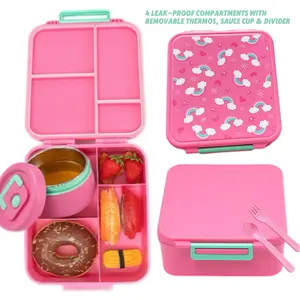 Children's bento box, sealed lunch box with leak-proof 304 stainless steel bottle food can, 4 compartments, blue/p, cartoon pattern, is a gift for boys and girls