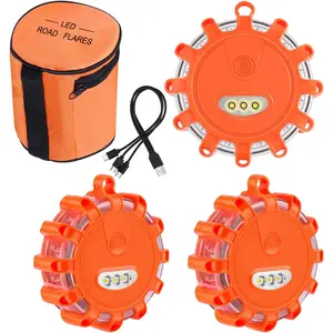 USB C Rechargeable LED Road Flares Emergency Lights with Magnetic Base, 9 Strobe Options Roadside Emergency Warning Car Safety Beacon Flashing Disc Flare Kit for Vehicles & Boat, 3 Pack