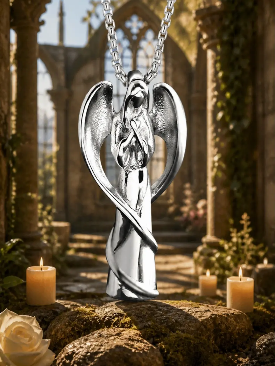 The Armored Kingdom Praying Guardian Angel Wing Pendant Long Chain Link Necklace, 316L Stainless Steel 24" Chain, Tarnish-Resistant Daily Faith-Inspired Costume Jewelry, Protective Pendant Necklaces, Religious Image Necklaces
