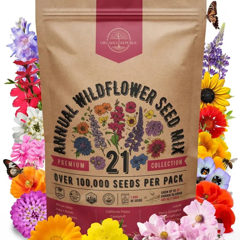 21 Annual Wildflower Seeds Mix for Indoor & Outdoors. 100,000+ Non-GMO, Heirloom Wildflower Garden Seeds, 4oz Packet for Growing Wild Flowers to Attract Bees, Butterflies & Birds