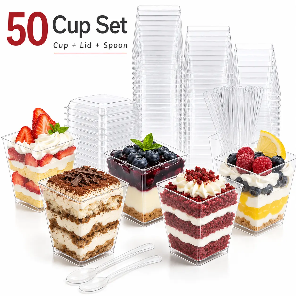 Transparent Food Grade PC Square 5oz Parfait Cups, 50 Disposable Mini Dessert Cup Sets with Lids & Spoons, Stackable Freezer-Friendly Bowls for Parties, Fruit Trifle, Mousse Home & Business Tableware