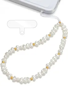 TRBR White Baroque Pearl Phone Charm Wrist Strap, Gold Beaded Lanyard Wristlet Chain, Elegant Bracelet Strap for iPhone & Cell Phone Cases