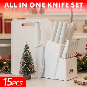Premium 15-Piece Stainless Steel Knife Set with Built-in Sharpener - Kitchen Gift Set Including Chef/Japanese/Meat Cleaver/Bread Knives & Scissors, Washable Block Pink Utensils Storage Home Plastic Silicone Cutting Kitchenware