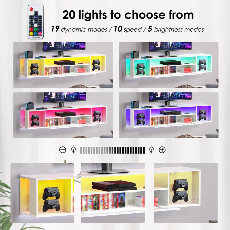 Soges 55" Floating TV Stand with LED Lights, Wall Mounted Entertainment Centre with 2 Headphone & 4 Gaming Handle Hooks, Modern Space Saving Media Console TV Shelf with Storage for Living Room Bedroom