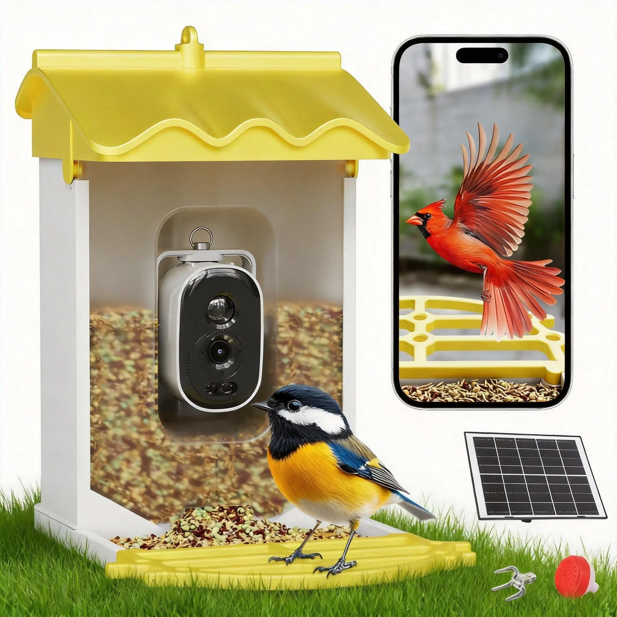 Smart Bird Feeder with 4k Camera & AI Recognition - Solar Powered, 2L Capacity, Night Vision, App Alerts, for Bird Watching, Squirrel Deterrent Function