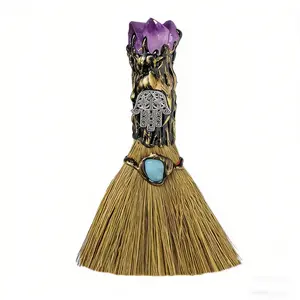 Natural Amethyst Fatima Handheld Mini Witch Broom, Vintage Handmade Magic Broom, Turquoise & Amethyst, Natural Straw Bristles, Healing Energy