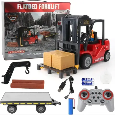 Plastic 2-in-1 RC Forklift Truck Toy Set - Rechargeable Lithium Ion Battery, Child-Safe Non-Toxic, Smooth Burr-Free Edges, Spray, Lights, Sound, Lift Small Items, Radio-Controlled, Indoor/Backyard Play, 3+ Years Kids' Birthday Gift