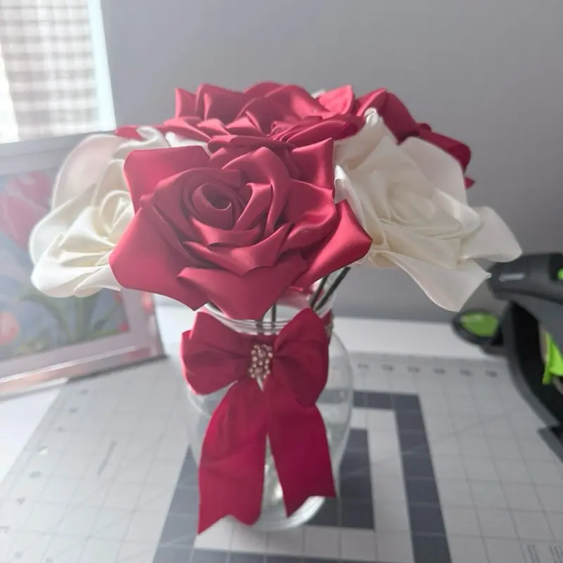 “Luxury Handmade Satin Rose Bouquet in Glass Vase | Red & White Roses by Rosecraft18”