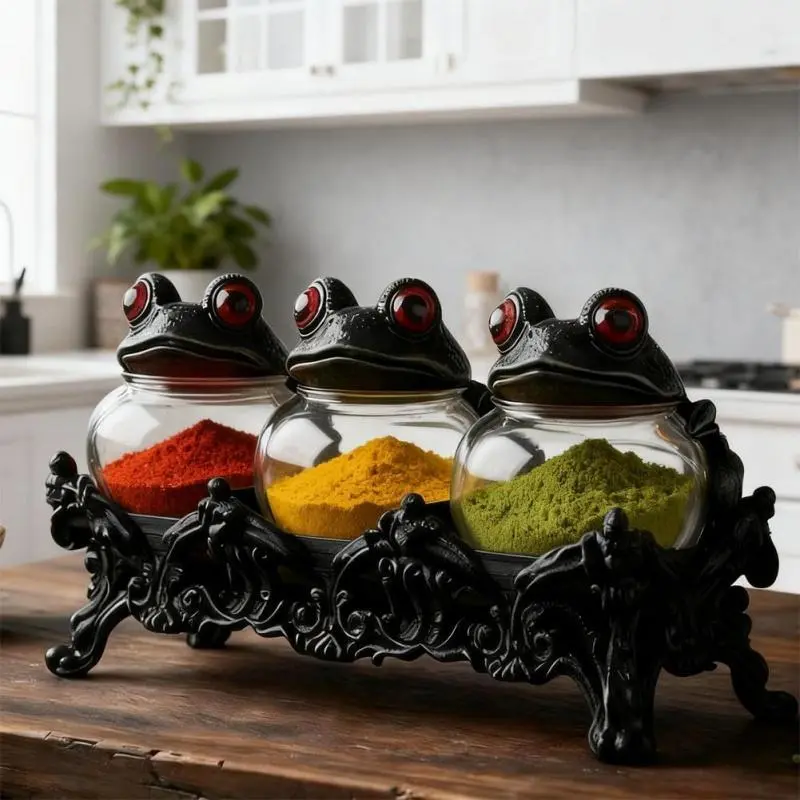 Witchy Frog Apothecary Spice Jars, Handcrafted Vintage Class Apothecary Jars Sets with Frog Lids, Gothic Food Storage Containers, Frogs Spice Jar Fun Salt and Pepper Shakers Seasoning