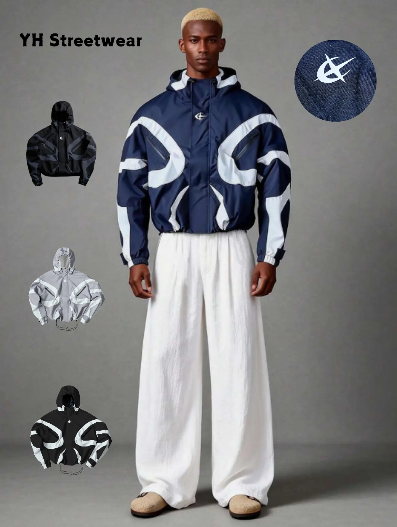 Street-style functional color-block hooded jacket, unisex outdoor windproof and waterproof hardshell jacket with drawstring hem