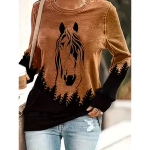 Women's Casual Long Sleeve Round Neck T-Shirt with Horse & Pine Tree Print - Black Grey Gradient, Soft Breathable Fabric, Machine Washable, Spring Summer Fall Essential, Outdoor Adventure Clothing, Vacation Style, Relaxed Fit Shirt
