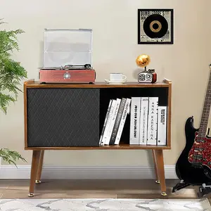 【GARVEE】Large Record Player Stand with Charging Station, Vinyl Storage, Sliding Door, Rustic Brown Finish, Holds up to 300 Albums, Ideal for Living Room or Bedroom