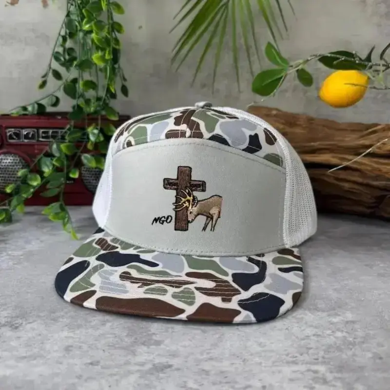Christian Deer Cross Embroidered Trucker Hat, Camo Hunting Mesh Snapback Cap, Faith Deer Antler Cross Hat, Outdoor Christian Gift for Men