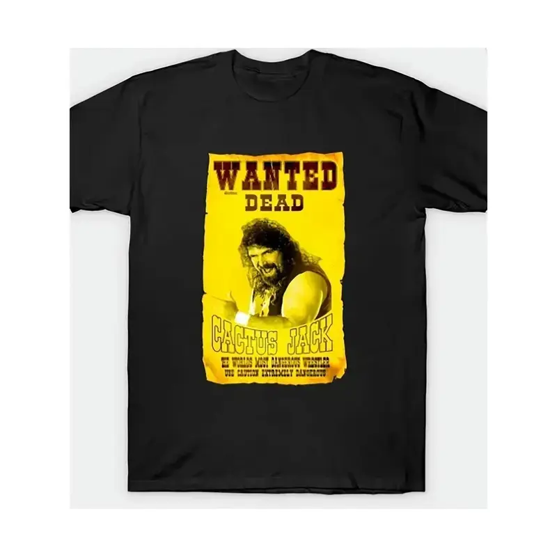 『ELVORO shirt』Men's Cactus Jack Mick Foley Wanted Dead Retro Wrestling Poster Print Round Neck Short-Sleeve T-Shirt - Regular Fit ECW Stretch Knit Lightweight Top, Dry Clean, Streetwear, Party, RFID, Vintage Pulp Style, Foldable (S, 2XL)