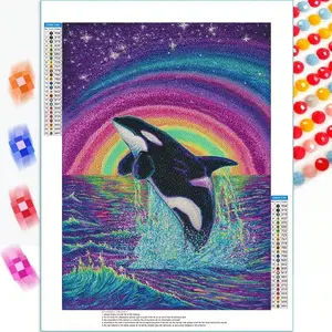 1pc Diamond Painting Kit, Rainbow Orca Ocean Life Full Drill Art Set, Round Diamond Handmade Project, Handcraft, Suitable for Beginners And Lovers, Mosaic Decoration Craft, Frameless for Home Wall Decoration Holiday Gifts