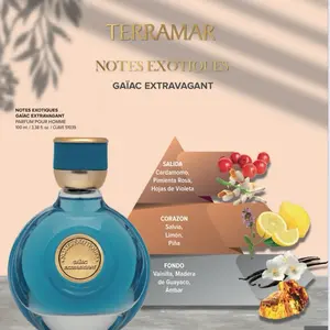 Terramar Notes Exotiques Gaiac Extravagantte - 100ml Bottle with Gold Cap, Featuring Cardamom, Rose, Lemon, and Floral Notes