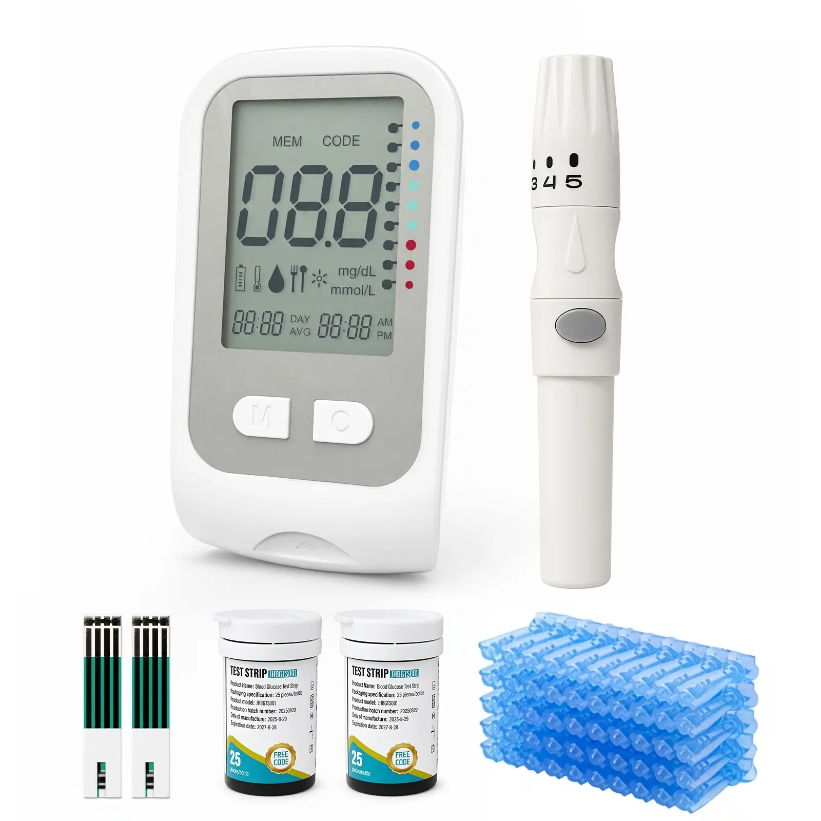 Blood Glucose Monitoring Kit with Meter, 50 Test Strips, 50 Lancets, 5-Level Lancing Pen, Large Display, 299 Memory Records, 14-Day Average and No Coding Design for Home Use